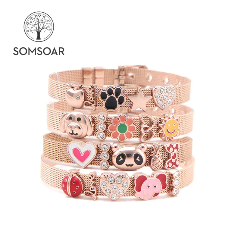 

Somsoar Jewelry Rose Gold Cute 8mm Slide Charm Mesh Bracelet Child toddler Kids Bracelet Stianless Steel Bracelet as Best Gift