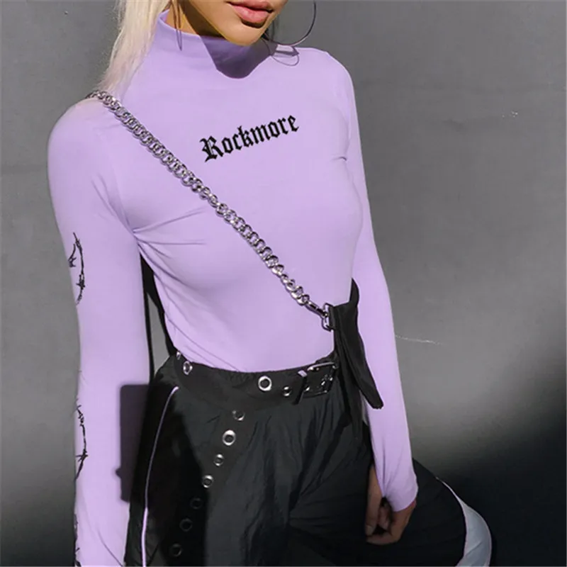 

Fashion Women Long Sleeve t shirt Letters Print Spring Autumn Purple Stand Collar Streetwear Crop Top tshirt Tops Female