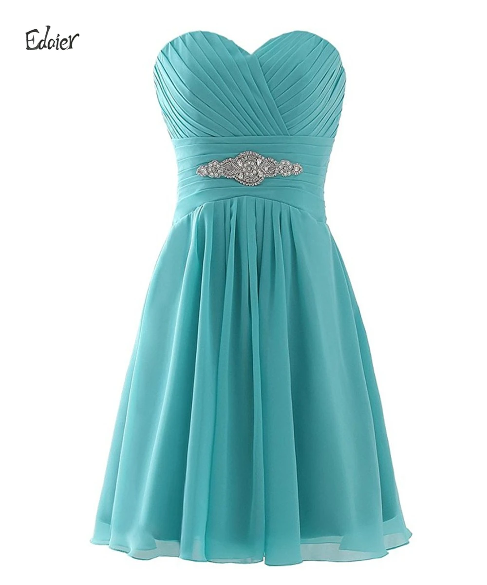 Edaier Simple Aqua Chiffon Short Bridesmaid Dress for Wedding Party Crystals Customize Women Formal Gowns 2017 | Свадьбы и торжества