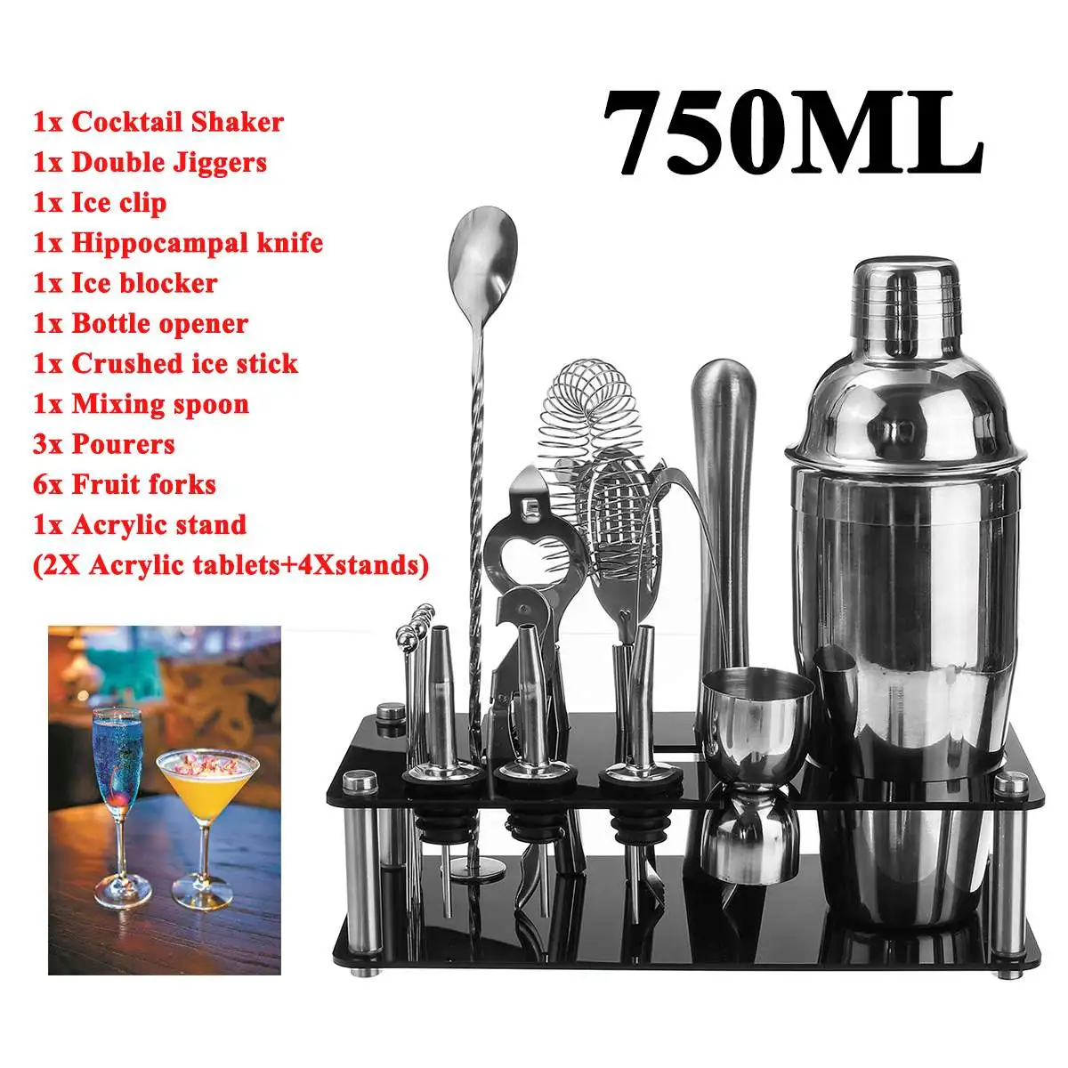 

18pcs 750ml Bartender Kit Stainless Steel Cocktail Shaker Set Drink Mixer Bar Set Bar Supplie With Stand