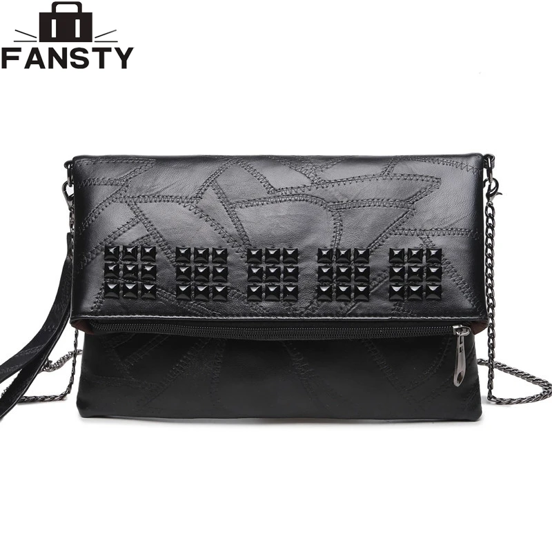 

New Fashion Chain Women Clutch Small PU Leather Bag Rivets Crossbody Shoulder Bag Multifunctional Solid Female Messenger Bag