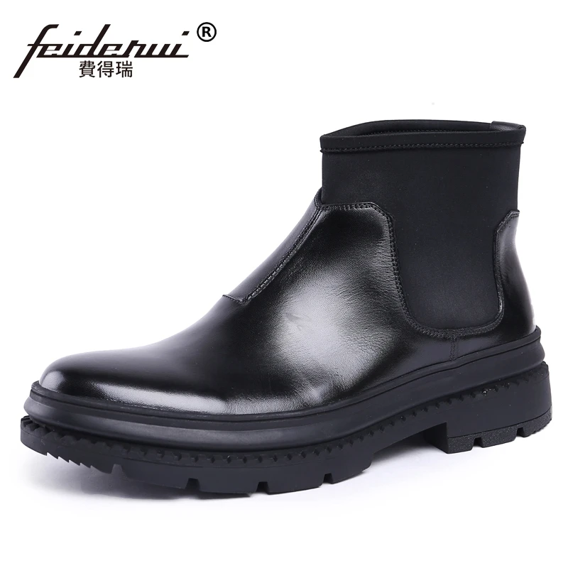Cheval Mode Bout Main De Cow Designer boy Homme Plate top Chaussures Haute En Rond Cheville Chlesea Noir La Bottes forme À Cuir Véritable Hommes Js72 7fy6bg