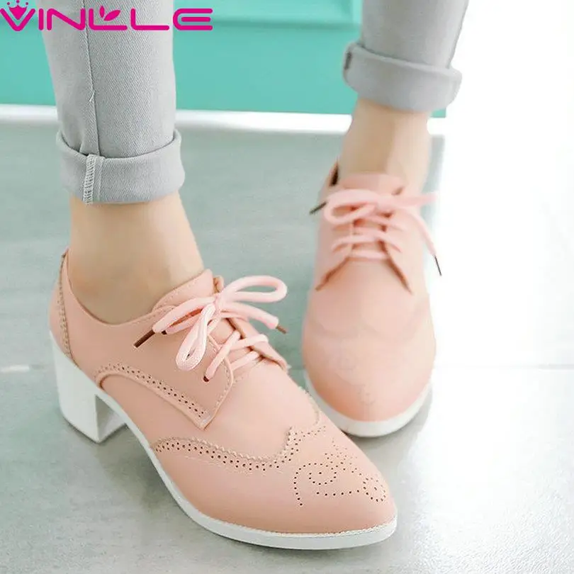

VINLLE Women Boots Mixed Color Ladies Concise Boots PU Square High Heel Ankle Boots Cut Outs Lace Up Casual Shoes Size 34-39