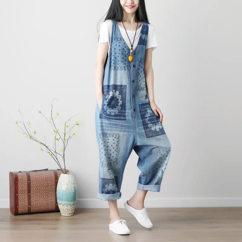 

Women Summer Washed Vintage Printed Jumpsuits Overalls Female Print Pattern Washed Bleached Scratched Rompers Jeans