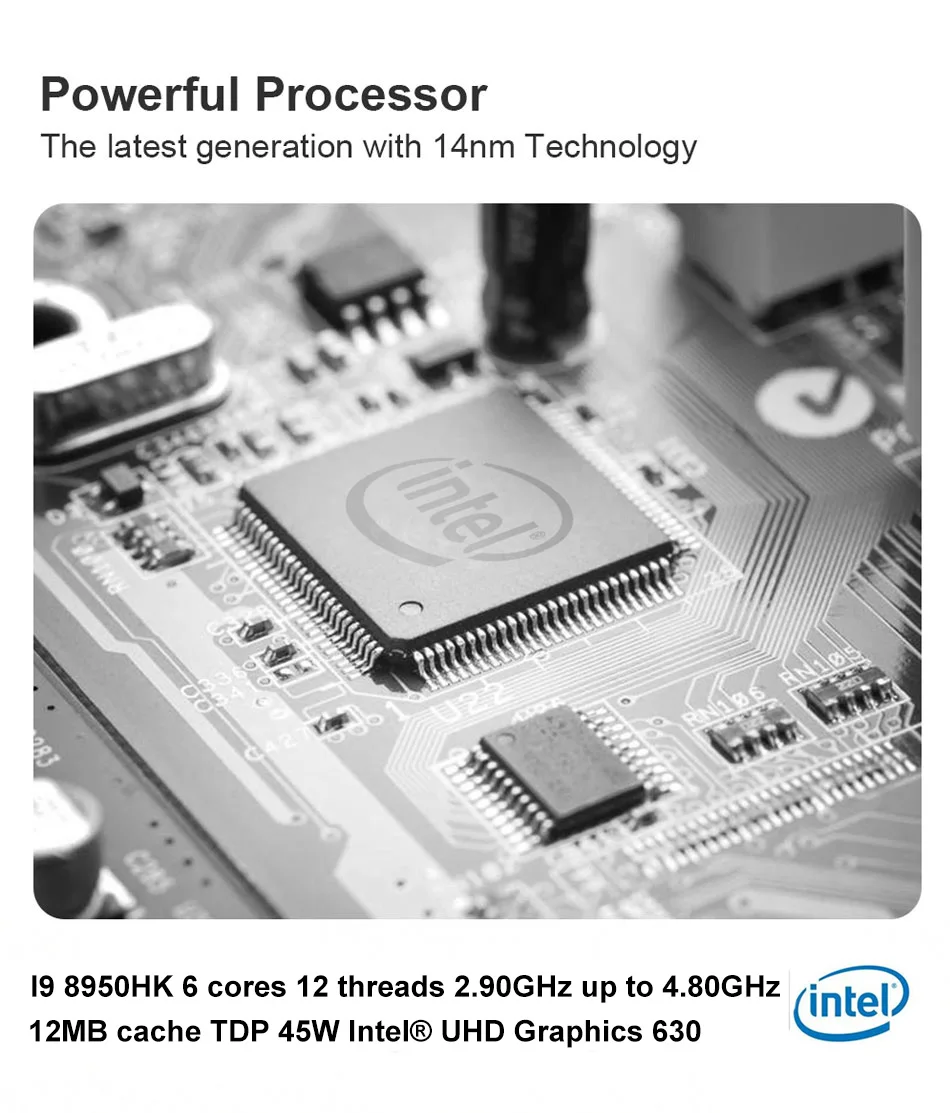 HUNSN Топ игровой компьютер Intel i9 8950HK с Windows 10 Pro 6 Core 12 потоков 12 м кэш 14нм Nuc Мини ПК 2 * DDR4 AC WiFi HDMI