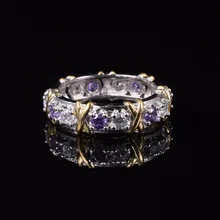 Brand Jewlery Lady’s 925 Sterling Silver purple Tanzanite Couple rings Yellow Gold Cross Eternal Wedding Ring for Women SZ 5-12