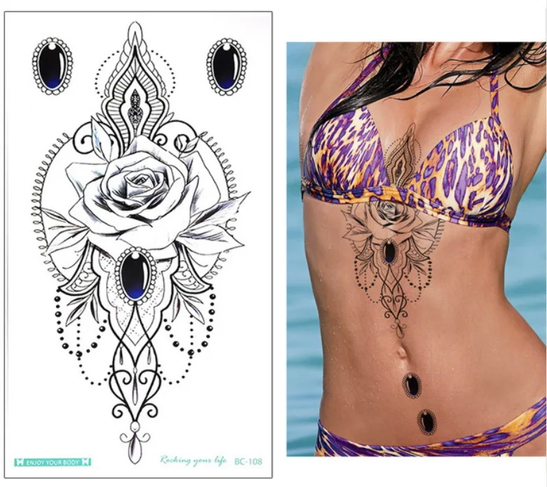 1 лист грудь грубой Вспышка татуировки большой цветок серьги в форме Луны цветы плечо рука хна для Боди Арта макияж под грудью - Цвет: BC108
