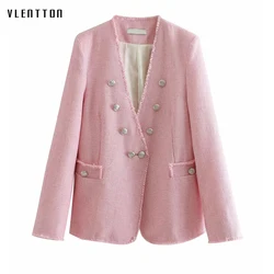 2019 Spring Vintage Pink Tweed Female Jacket Coat Double Breasted Tassel V-Neck Long Sleeve Women's Jacket Casual Outerwear Tops 2019 Spring Vintage Pink Tweed Female Jacket Coat Double Breasted Tassel V-Neck Long Sleeve Women's Jacket Casual Outerwear Tops