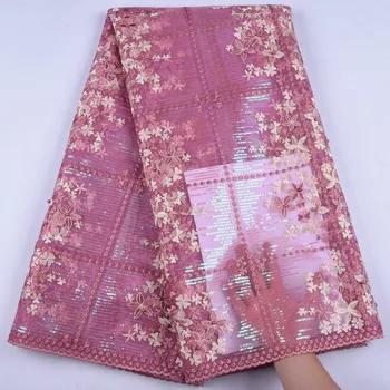 

Latest Design Pink High Quality African Tulle Lace Fabric With Sequins Embroidered French Net Lace Fabrics For Party Dress 1660