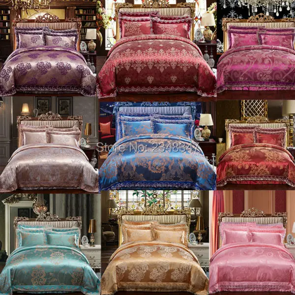 4 Pcs Luxo Flora Rendas de Cetim de Seda Jacquard de Algodão Estilo Europeu Cama Queen Size Quilt/Edredão/Duvet Cover conjunto Roxo Cinza Vinho Tinto
