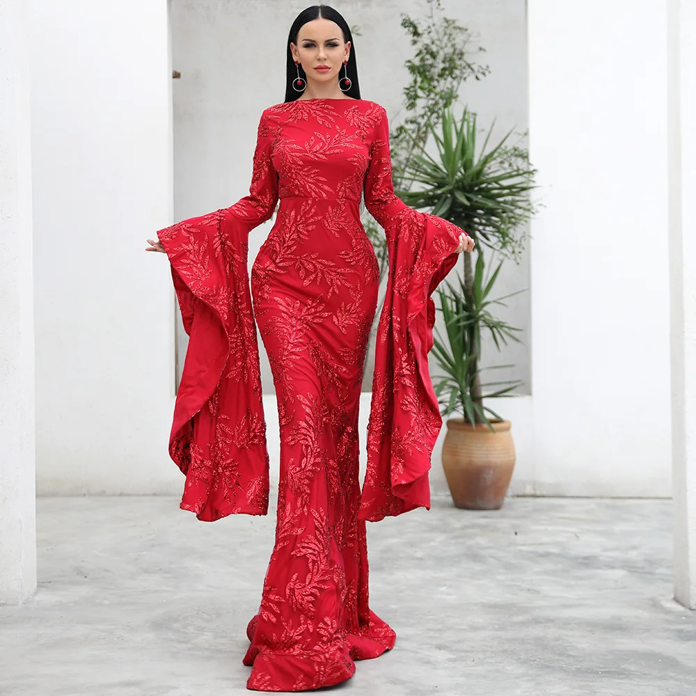

2019 Sexy Women Autumn O Neck Flare Sleeve Summer Embroidery Elegant Dress