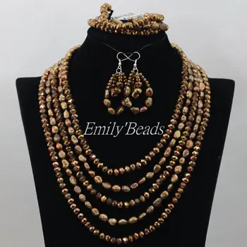 

Coffee Pearl Beads Mix Crystal Beads Jewelry Set Fashion Nigerian Wedding Christmas Gift Jewelry Set Free Shipping FP070