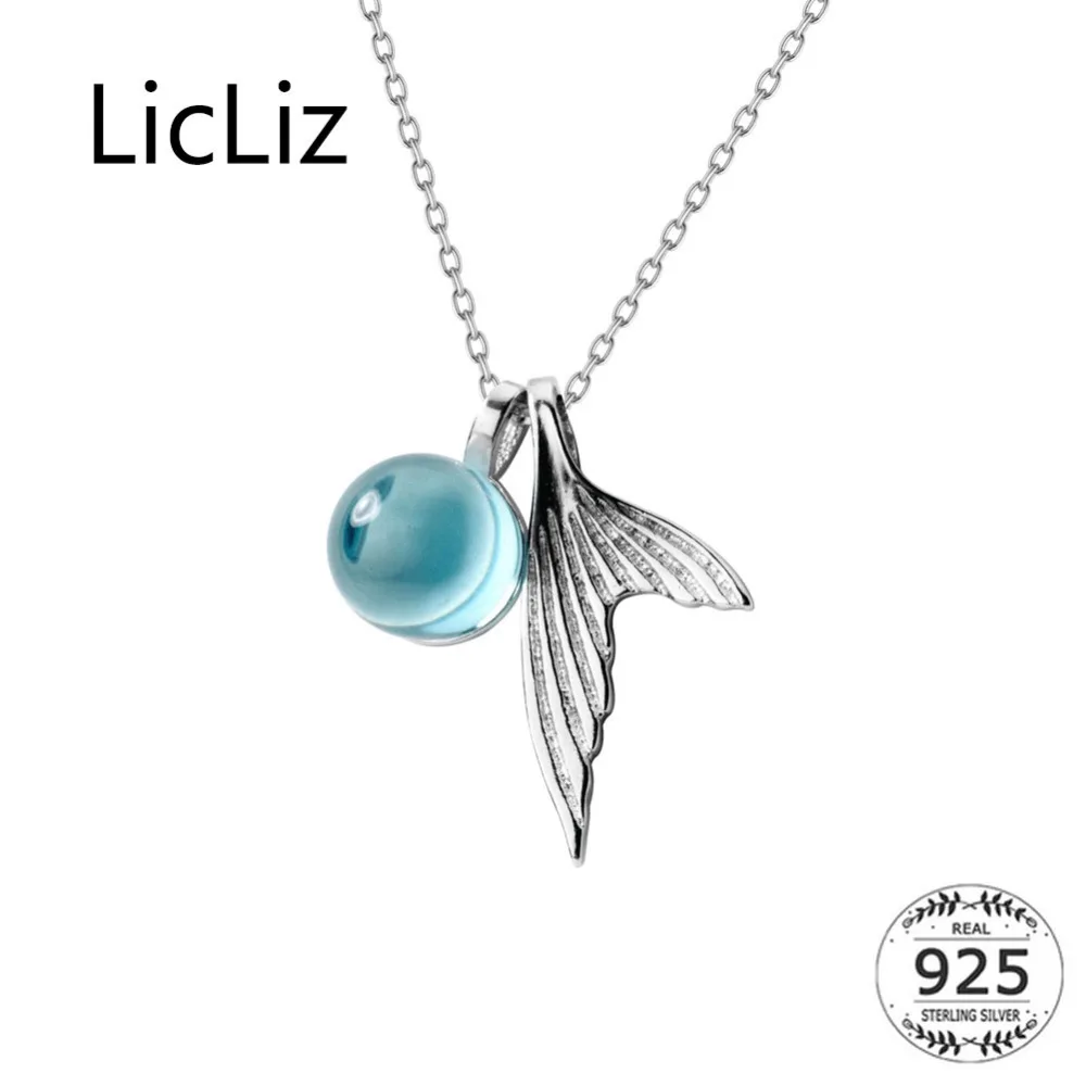 

LicLiz New 925 Sterling Silver Blue Crystal Mermaid Tail Pendant Necklaces for Women White Gold Long Link Chain Jewelry LN0446