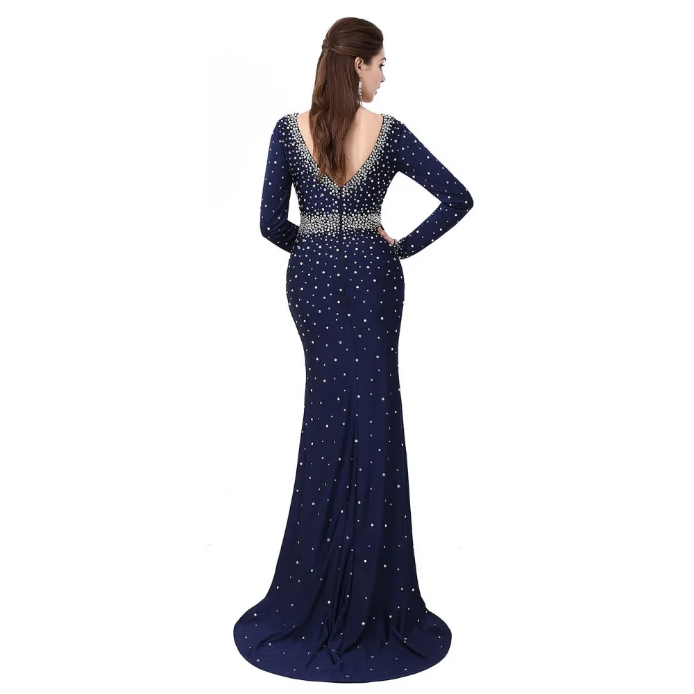 Vestidos Largo De Noche темно-синие кристаллы плюс размер длинный рукав платье элегантные длинные халаты женское платье v-образный вырез под заказ