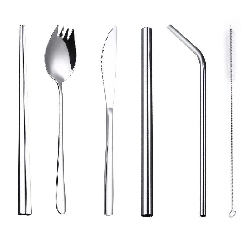 Портативный серебристый цвет, набор столовых приборов вилки ножи палочки для еды Dinneware соломка из нержавеющей стали Наборы дорожные столовые приборы с мешком посуда