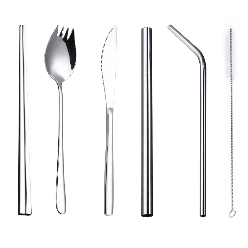 

Portable Silver Cutlery Set Forks Knives Chopsticks Dinneware Stainless Steel Straw Sets Travel Cutlery with Pouch Tableware