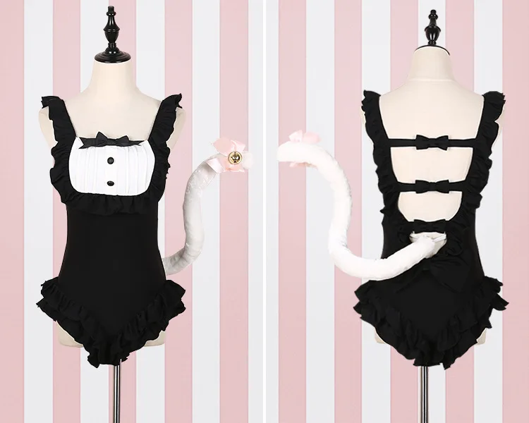 

Japanese Cute Cat Maid Cosplay Ruffled One-piece Anime Swimsuit Bow Cat Tail
