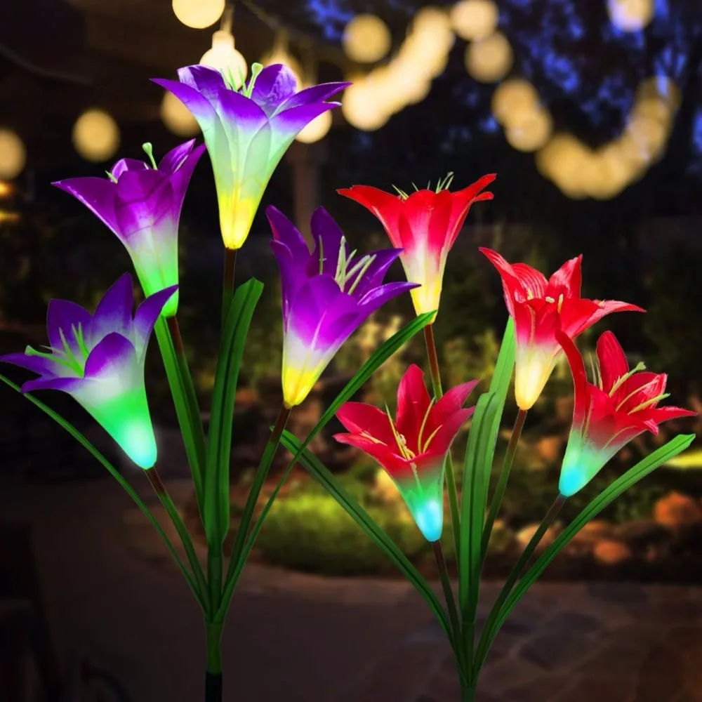 Outdoor Solar Garden Stake Lights with 4 Lily Flower Multi color
