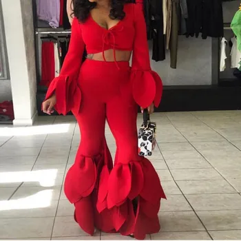 

Sexy Two Piece Set Skinny Flare Pants High Stretchy Outfit Tie Bow Long Bell Sleeve Crop Top