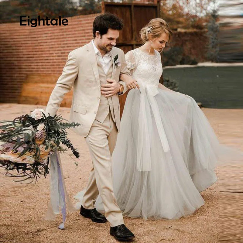 

Eightale Romatic Wedding Dresses Boho Appliques Lace Short Sleeve A-Line Beach Wedding Gowns Sexy Bride Dress Free Shipping