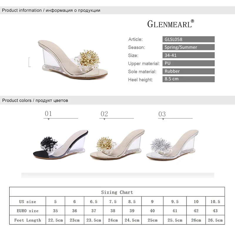 Брендовые женские шлепанцы; обувь на высоком каблуке; Летние босоножки на танкетке; прозрачные туфли без задника с украшением в виде кристаллов; женские шлепанцы золотого размера плюс