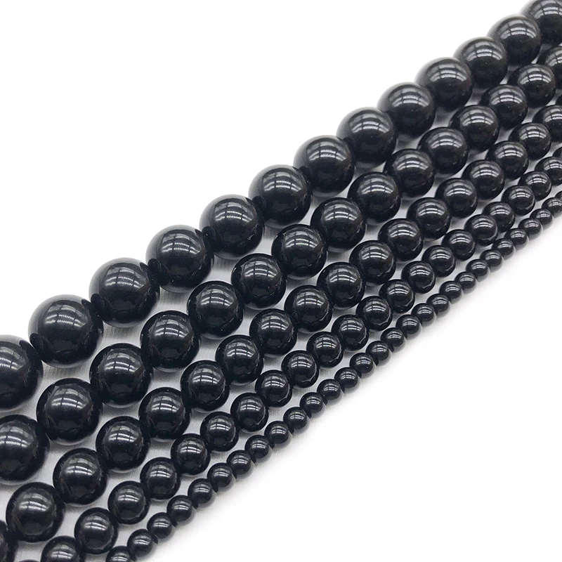 Natural Stone Beads Smooth Black Agates for Jewelry Making Diy Bracelet Necklace 15inches Round Onyx Loose Beads 4 6 8 10 12mm