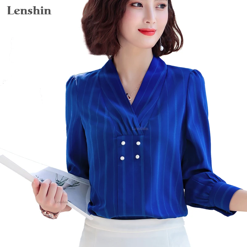 

Lenshin V-neck Collar Shirts for Women Blouse Work Wear Office Lady Female Tops Chemise Loose Fashion Style