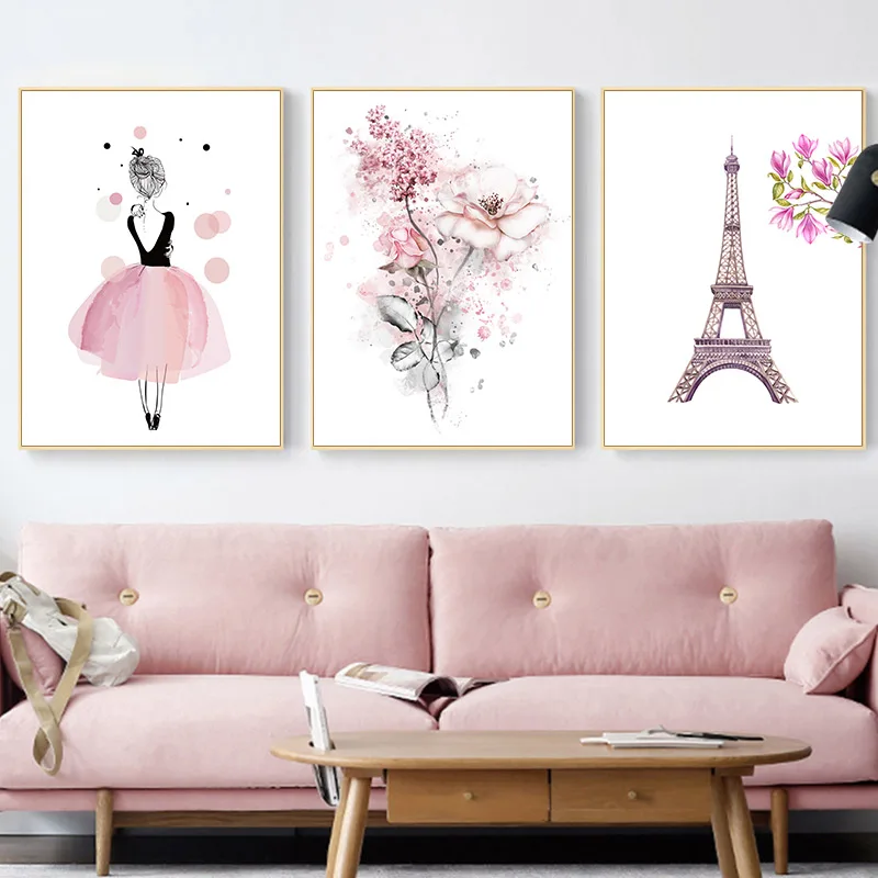 Танцующая девушка цветок искусство скандинавский Розовый Модный постер принт Парижская башня холст Картина Настенная картина для украшения гостиной