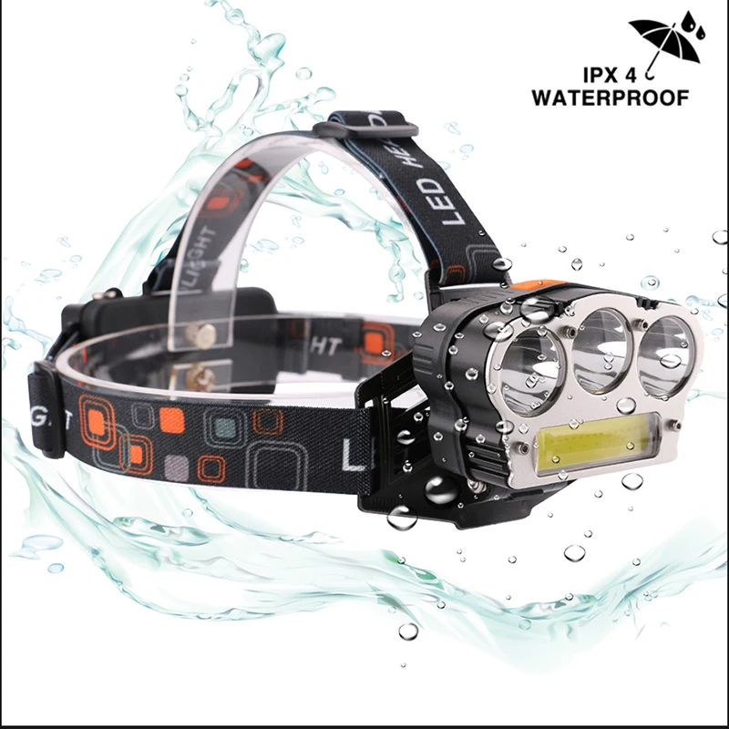 

10000lums USB Rechargeable LED Headlamp 3*CREE XML-T6 COB Head Lamp Waterproof Outdoor Lighting Headlight by 2*18650 battery