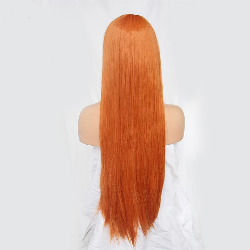 Gorra de pelo + Persona 5 Futaba Sakura naranja larga recta Cosplay peluca con flequillo plano traje de fiesta peluca sintética
