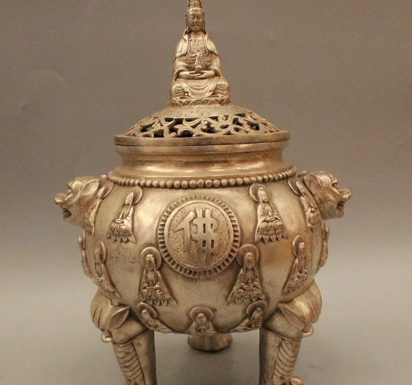 

12" China Dynasty Silver Kwan-yin Goddess Buddha beast Incense Burner Censer