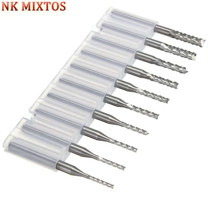 

NK MIXTOS 10pcs 1.3mm-3.175mm Coated Carbide End Milling Cutter Engraving Edge Cutter CNC Router Bits End mill for PCB Machine