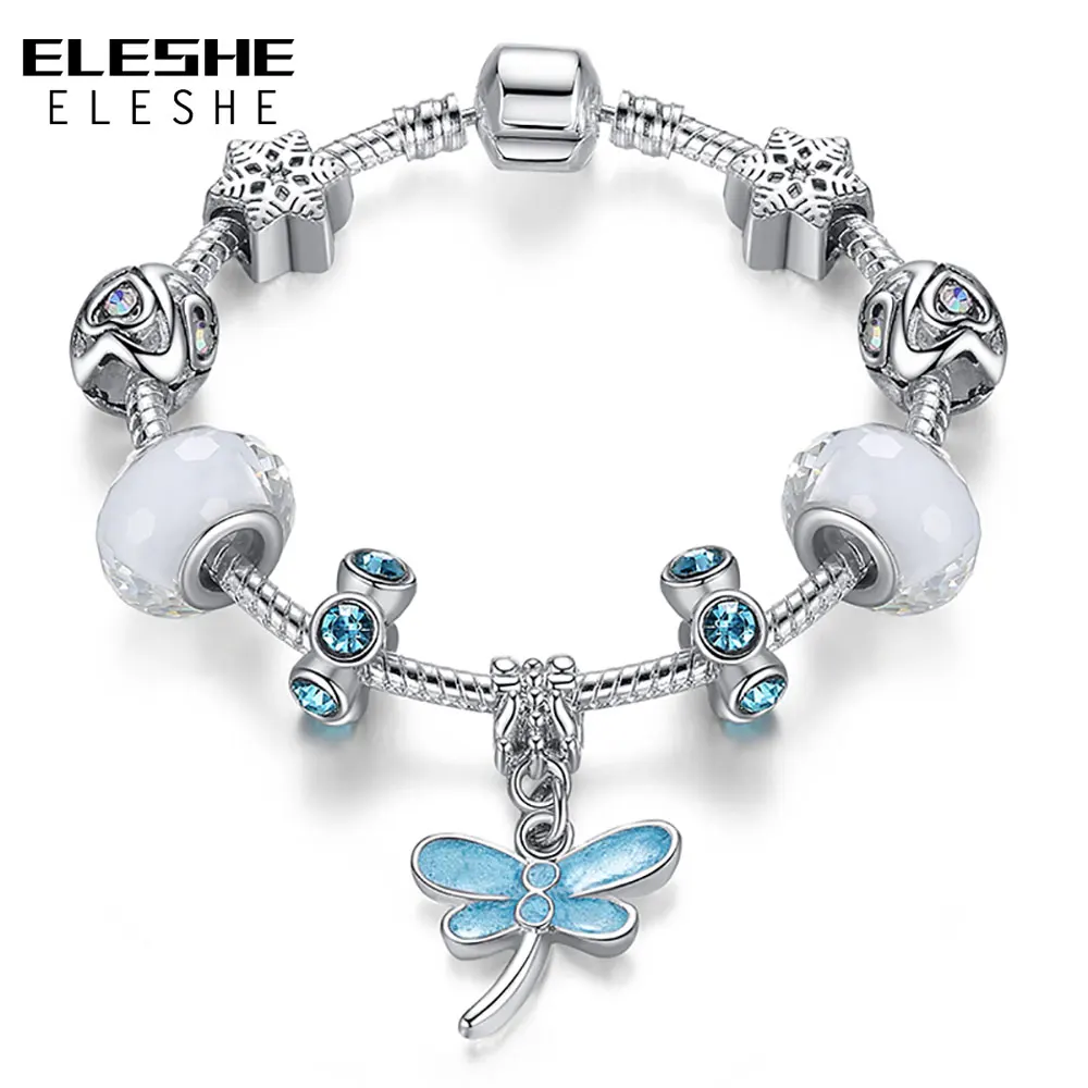 ELESHE Luxury Crystal&Murano Glass Beads Bracelets Silver Bracelets&Bangles for Women DIY Butterfly Charms Bracelet for Women
