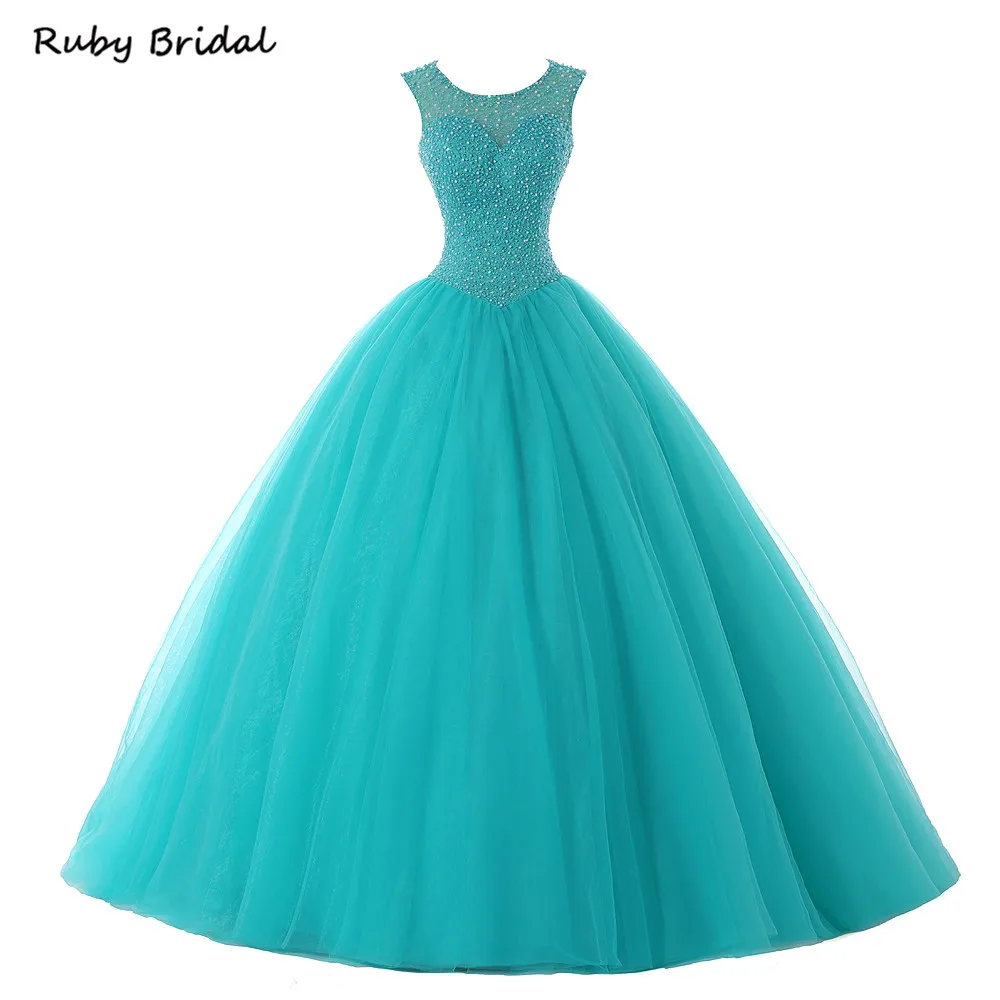 

Ruby Bridal 2017 Vestido De Festa Long Ball Gown Quinceanera Dresses Blue Tulle Beaded Luxury Hot Prom Party Gown P1215