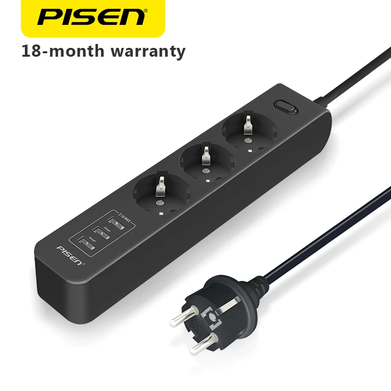

PISEN Power Strip 3 Port USB 3 AC Outlet Outlets USB Wall Socket Smart Extension Plug Socket Power Button Surge Protector