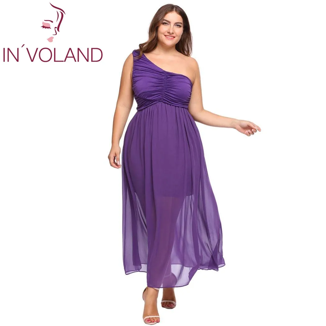 

IN'VOLAND Big Size 5XL Women Chiffon Dress Plus Size Vintage One Shoulder Ruched Maxi Party Dresses Feminino Vestiods Femme Robe