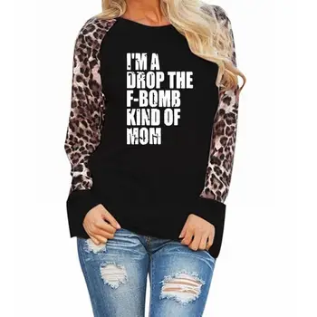 

2019 Fashion F-BOMB MOM Letters Print T-Shirt For Women Leopard Print Long Sleeve T-Shirt Women Tshirt Tops Cotton Tumblr