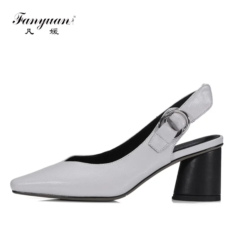 

Fanyuan New Women pumps genuine leather single shoes buckle shallow high heels shoes solid big size 34-42 elegant party Heels