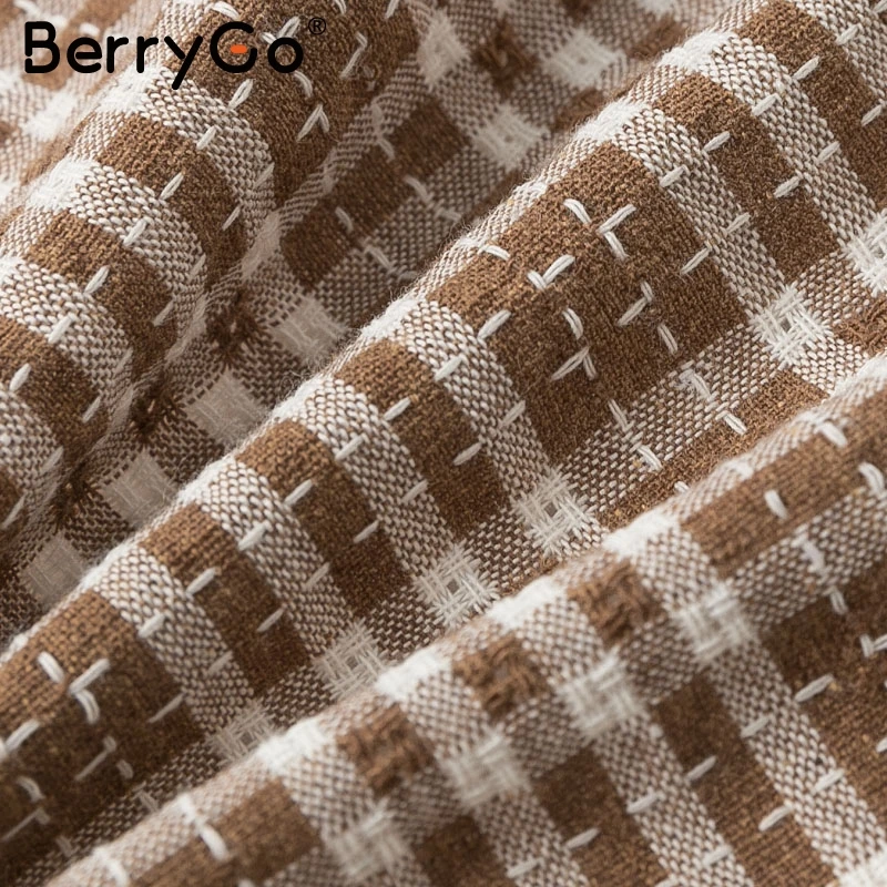 BerryGo Vintage plaid women blouse shirt Sexy backless lace up female top shirt Autumn puff sleeve oversize ladies blouses retro