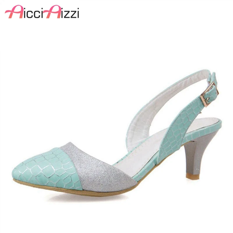 

AicciAizzi Mixed Color Women Sandals Summer Pointed Toe Buckle Mid Heels Shoes Office Lady Daily Women Footwear Plus Size 32-45