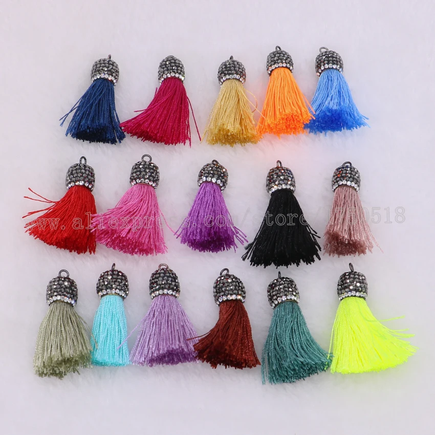 16Pcs Multi color thread Tassel pendant small tassel pave cz tassel cap