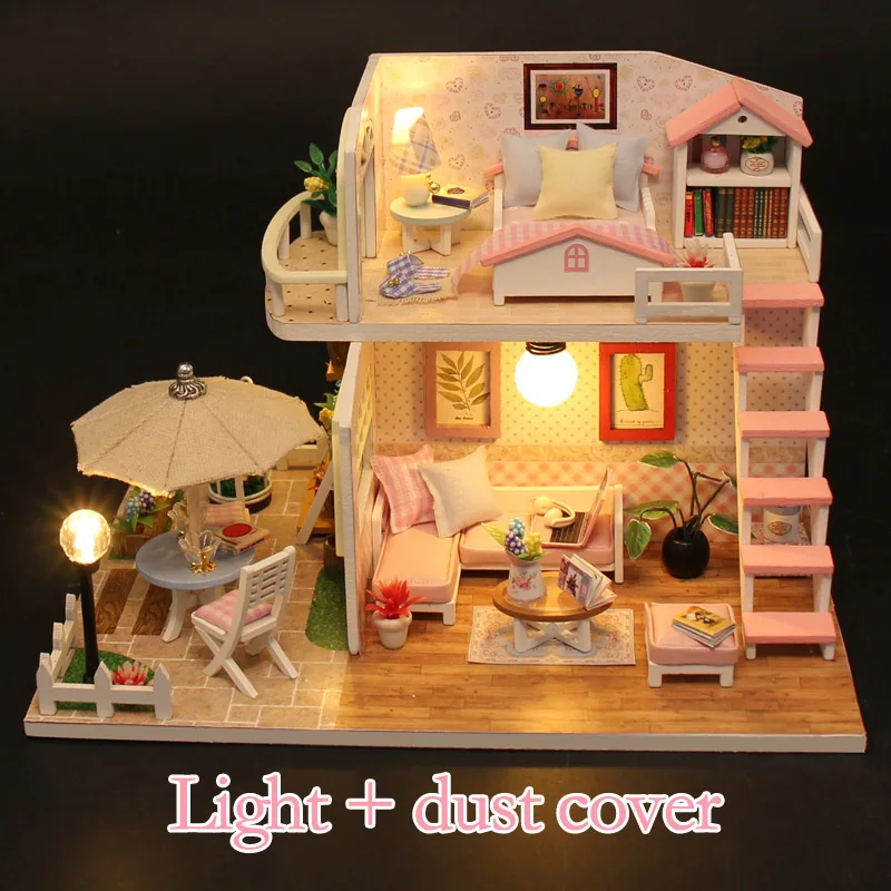 

Miniature DIY Doll House With Furnitures Dust Cover Display Wooden House Pink Double Layer Cockloft House Children Birthday Toys