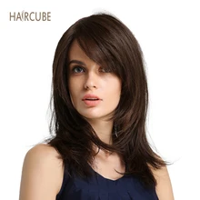 Haircube 16 дюймов Синтетические волосы на кружеве парик натуральные волны коричневый цвет Длинные бесклеевые волосы парики с челкой боковая часть