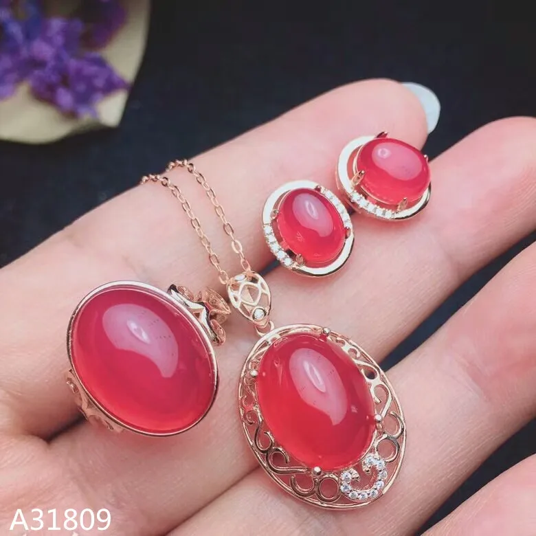 

KJJEAXCMY Boutique jewelry 925 pure silver inlaid natural red chalcedony women's suit ring pendant ear stud ellipse