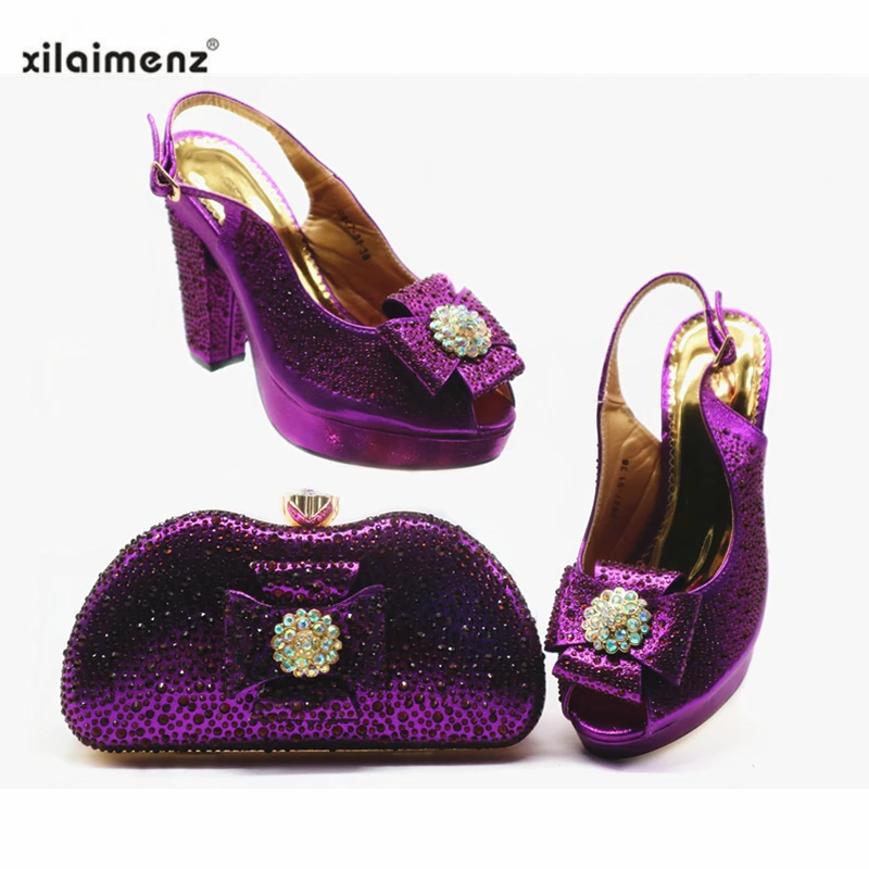 

Purple New Design African Women Shoes And Bag Sets With Rhinestones Pumps Italian Shoes With Matching Bags For Evening Party