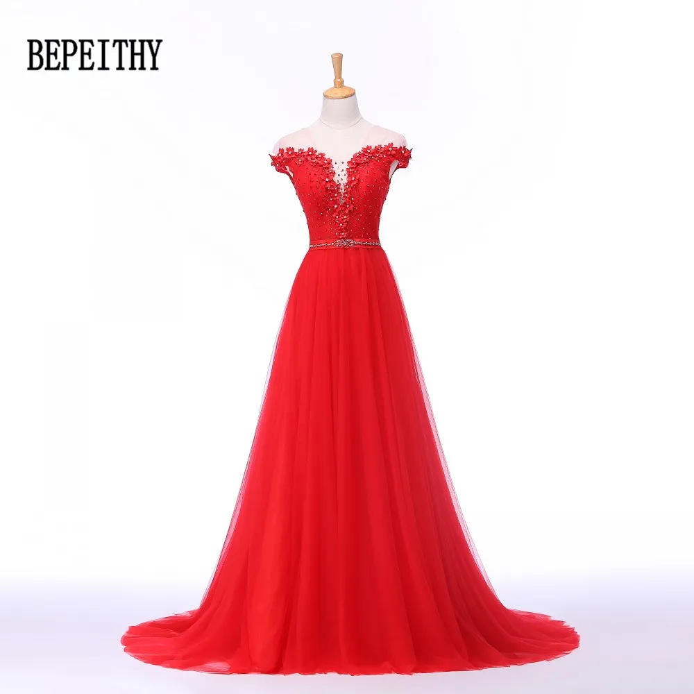 BEPEITHY элегантное Красное длинное вечернее платье с бусинами и рукавом-крылышком, Тюлевое платье с цветами, женское вечернее платье, вечернее платье