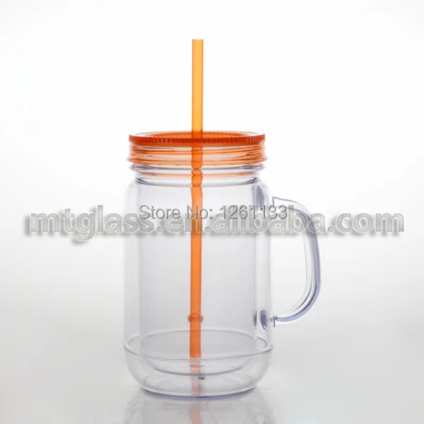 16oz clear plain plastic mug with handle with lid with straw mason jars