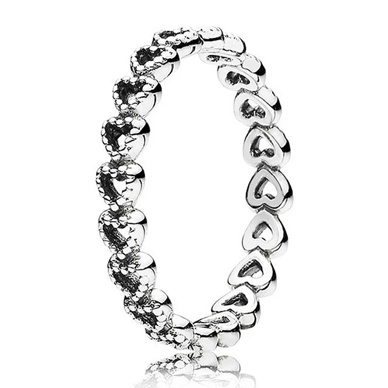 

New 925 Sterling Silver Ring Openwork Vintage Linked Love Heart Rings For Women Wedding Party Gift Fine Pandora Jewelry
