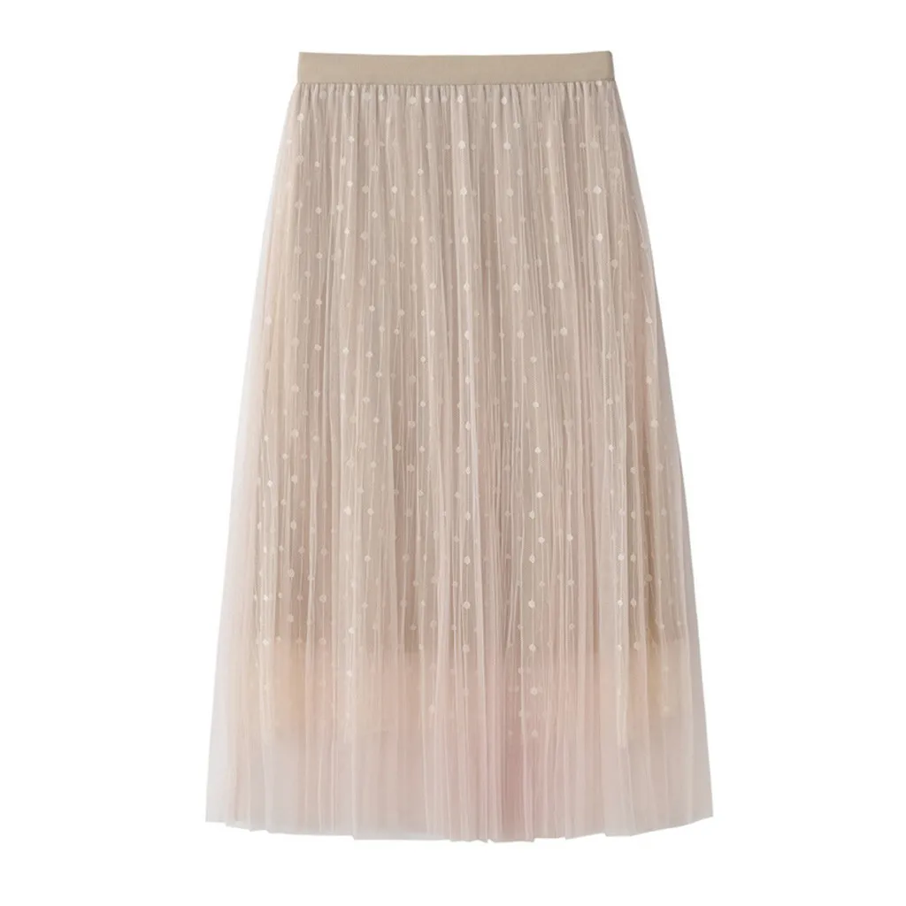 Новинка, женское летнее крутое модное Двухслойное Плиссированное длинное платье макси в стиле ретро, юбка с эластичной резинкой на талии, плиссированная сетчатая юбка в горошек, 50
