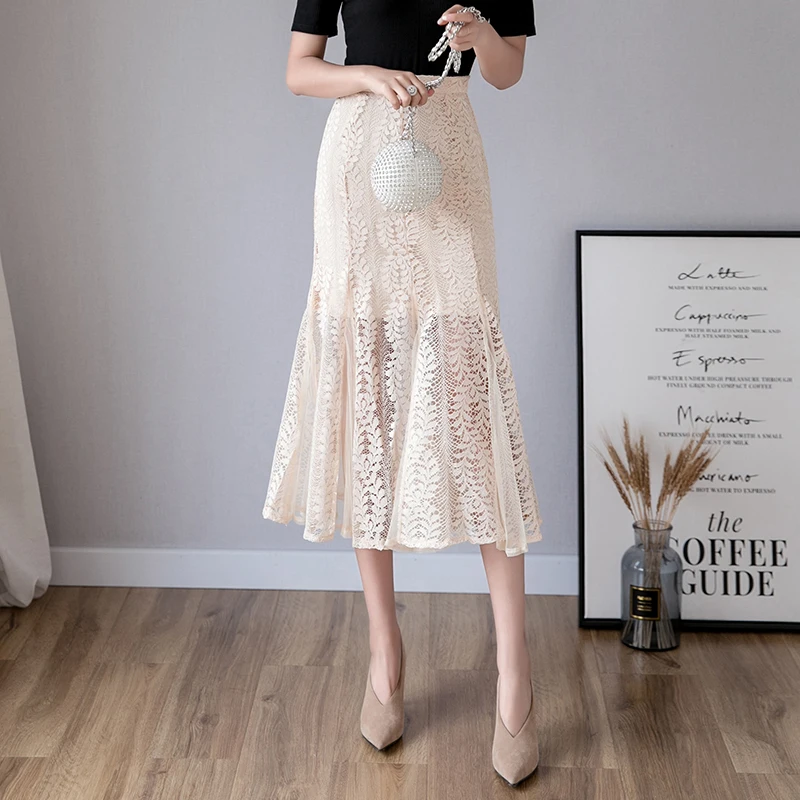 

2019 Fashion Elegant Long Skirts Womens Summer High Waist Hollow out Lace Skirt Plus Size Korean Mermaid Midi Skirt jupe femme